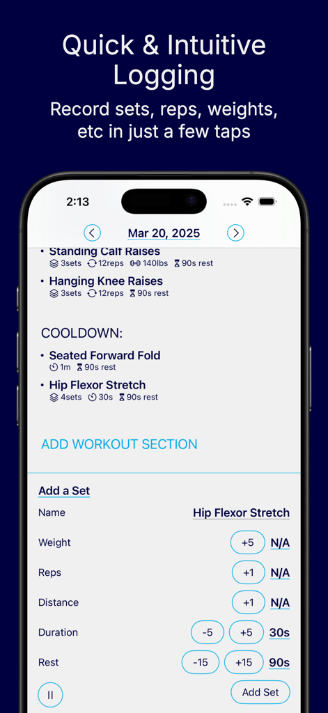 Exercisely: Simple Workout Log - Screenshot der Exercisely-App, der die Benutzeroberfläche zur schnellen Protokollierung von Sätzen, Wiederholungen und Gewichten für ein Training zeigt