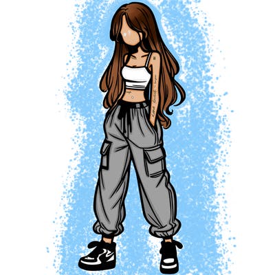 girl in baggy pants crop top and long hair