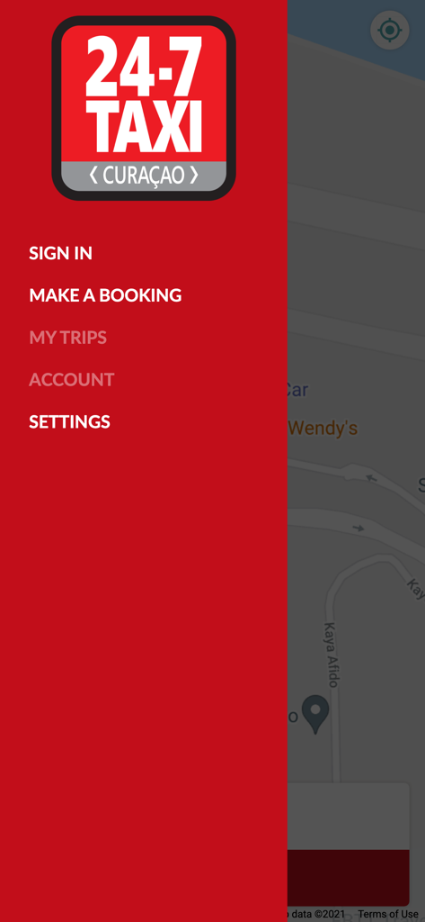 24-7 TAXI CURACAO - Sidebar menu for 24-7 Taxi Curacao mobile app displaying navigation options like sign in and booking.