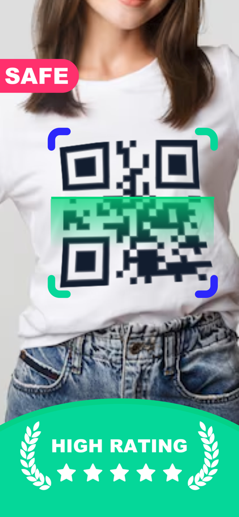 Safe QR Barcode Reader Creator - A woman scanning a QR code with a Safe badge and high user rating banner