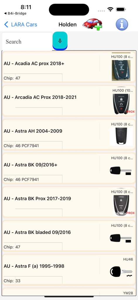 LARA Lock Reader Assistant - Banco de dados de modelos de veículos Holden e informações de chaves no aplicativo LARA para chaveiros