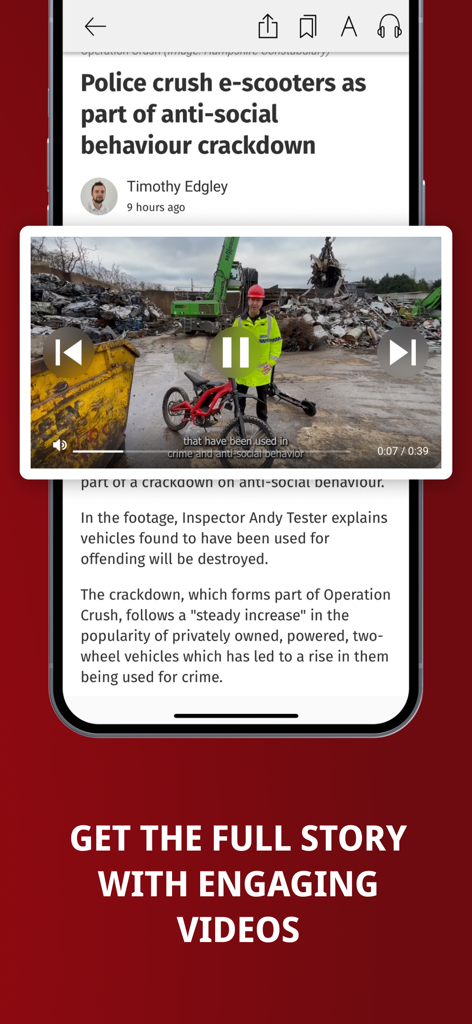North Norfolk News - North Norfolk News mobile app displaying a local news story with an embedded video player feature.