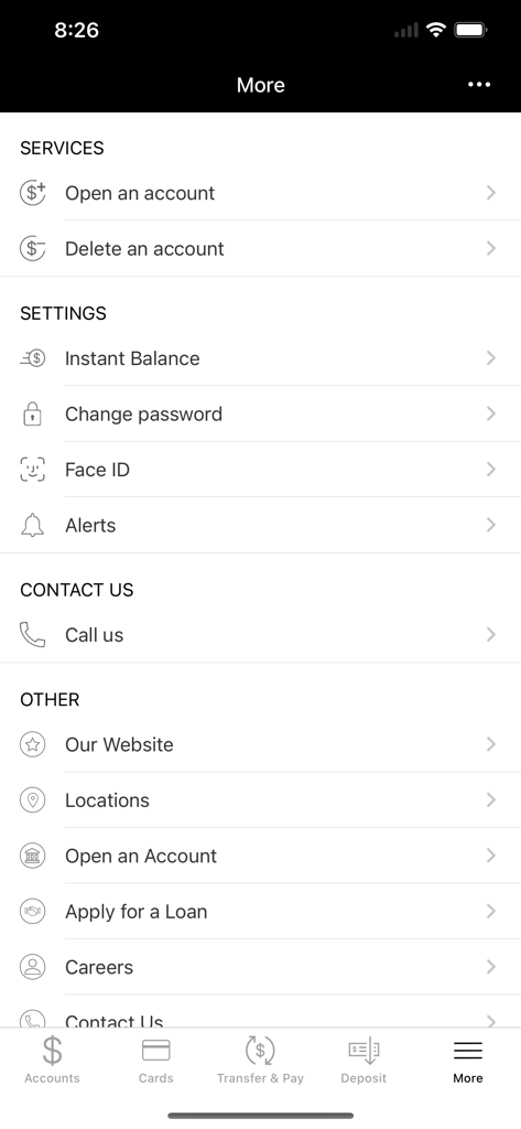 Bank of Colorado - The more options menu of the Bank of Colorado mobile app showing account settings and contact information