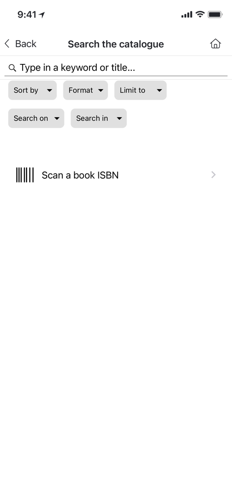 Search the catalogue screen of the City of Melbourne Libraries app featuring search filters and an ISBN barcode scanner option.