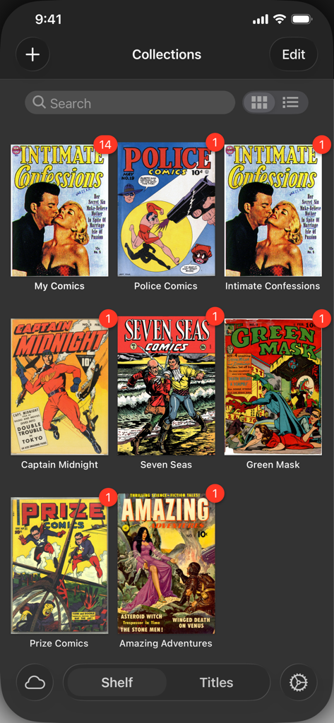 iComics - Eine Gitteransicht von Comicbuchsammlungen, die in der iComics-App-Bibliothek organisiert sind