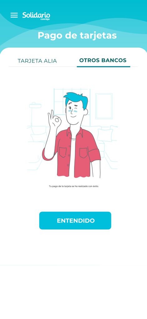 Schermata dell'app mobile Solidario che mostra la conferma del pagamento riuscito con carta di credito con un'illustrazione allegra