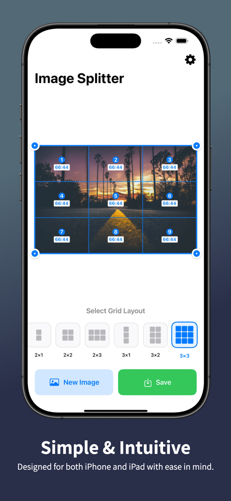 iPhone screen showing Image Splitter app with a sunset photo divided into a nine square grid