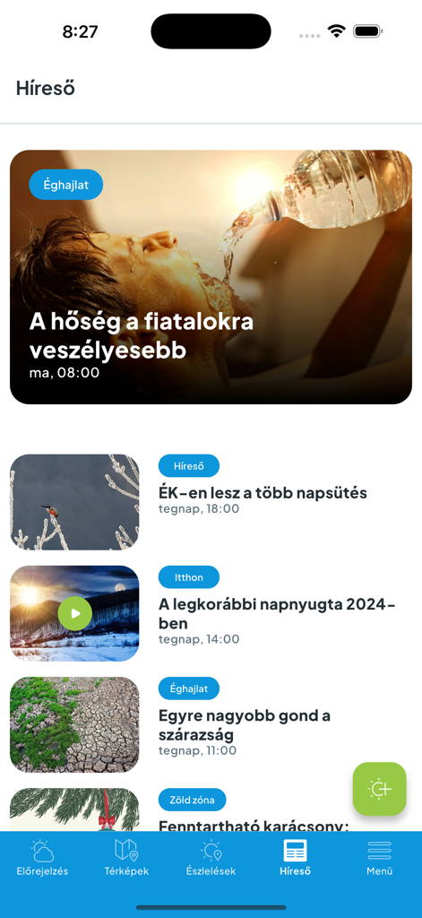 Köpönyeg - A screenshot of the news section in the Koponyeg weather app featuring various articles about climate and environment in Hungarian.