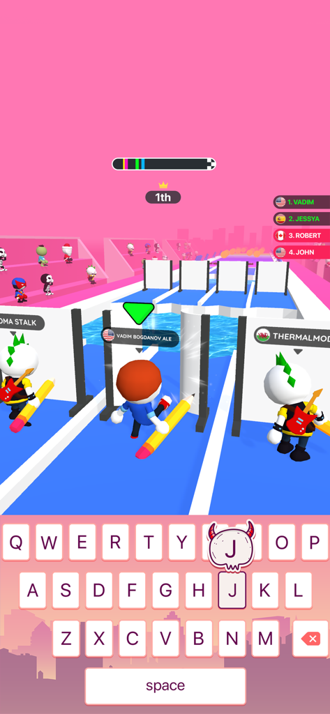 Gameplay screenshot of Happy Printer showing a 3D typing race with characters on a track and a mobile keyboard