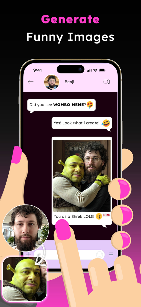 WOMBO Meme: Character Creator - Smartphone displaying a funny AI-generated Shrek meme in a chat conversation