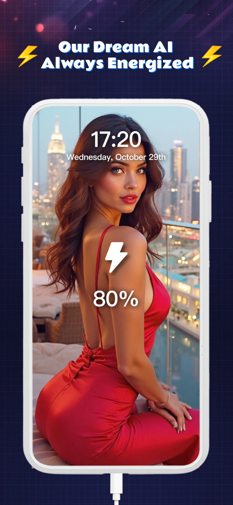 EnergAI - Captura de pantalla de la app EnergAI mostrando una animación de carga personalizada con una mujer en vestido rojo y fondo de ciudad.