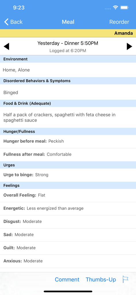 Recovery Record for Clinicians - Clinical dashboard showing a patient meal log with food details behaviors and emotional state