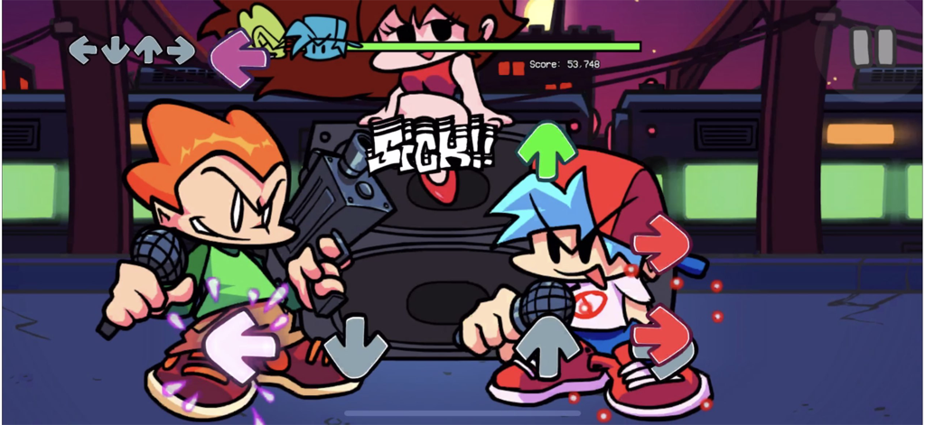 Batalla entre Boyfriend y Pico en la plataforma de un metro en el juego Friday Night Funkin Mobile