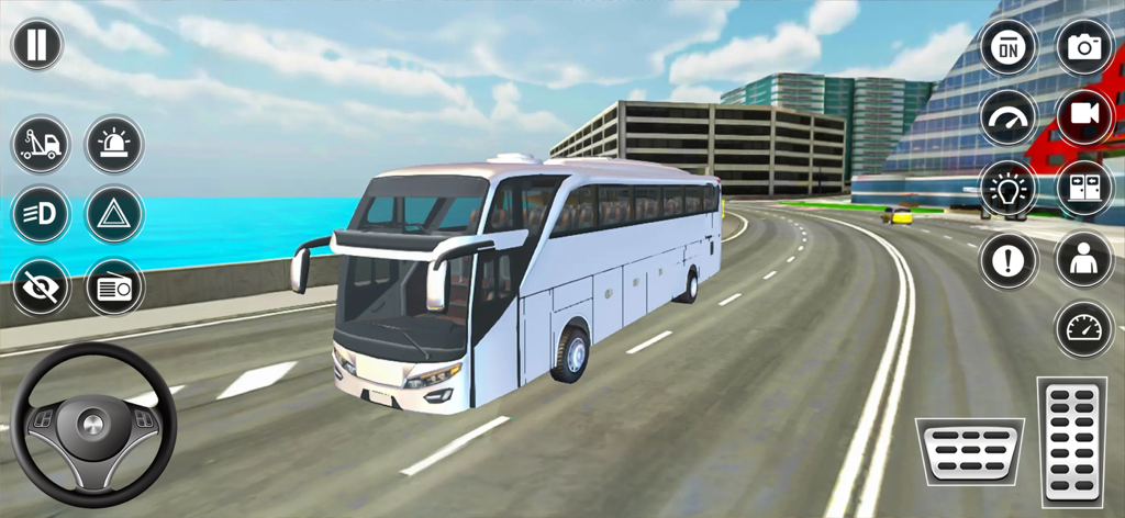 US Bus Simulator Coach Games - Autocar blanco conduciendo por una carretera costera de la ciudad con interfaz de juego de simulación.