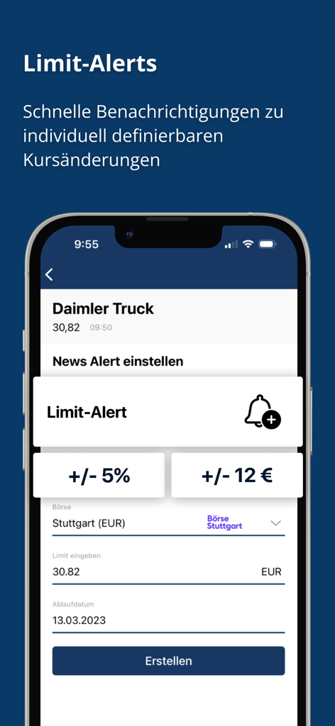 finanzen.net – Markets & News - Uno screenshot dell'app mobile finanzen.net che mostra impostazioni di avviso sui limiti di prezzo personalizzati per le azioni