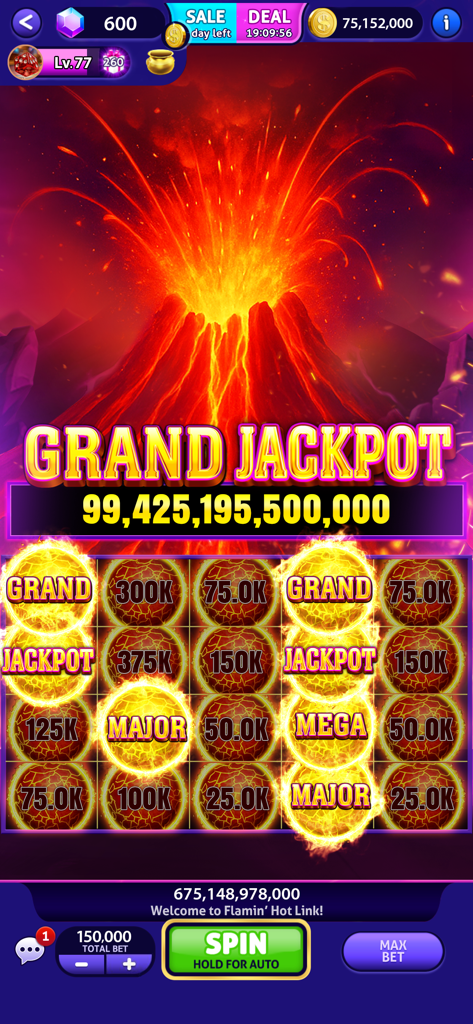 Grand Jackpot screen in Club Vegas Slots with an erupting volcano background