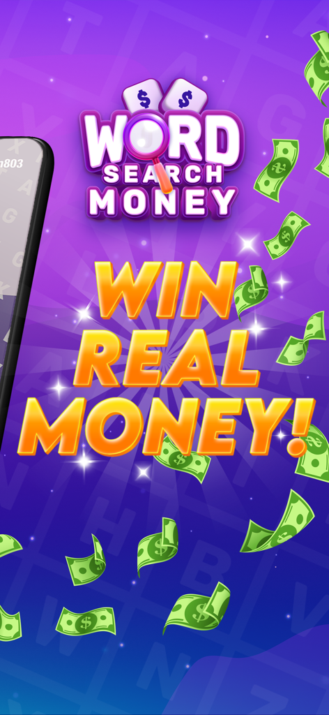 Word Search Real Money Rewards - Word Search Real Money Rewards promotional screen with text Win Real Money and falling dollar bills on a purple background