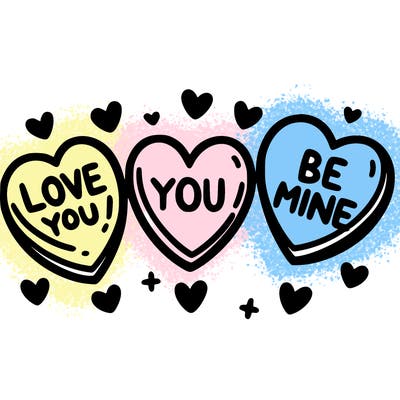 three hearts that say, love you be mine