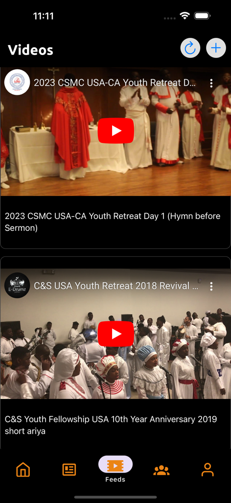 C&S Mobile - The video feeds section of the C and S Mobile app showing recorded church services and youth retreats.