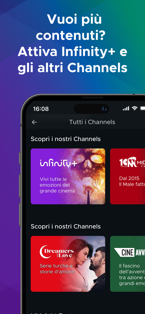 Smartphone screen displaying the Mediaset Infinity Italia app interface with premium channel options like Infinity Plus and Turkish series.