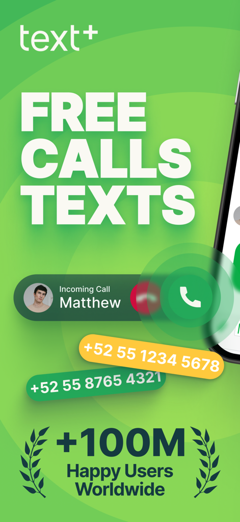 Promotional screen for textPlus showing free calls and texts with over 100 million happy users worldwide