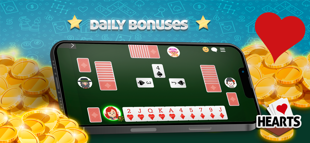 Smartphone zeigt ein Spiel Hearts mit Goldmünzen und dem Text Daily Bonus