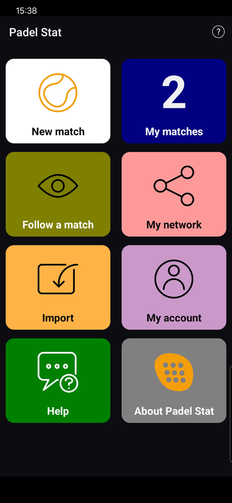 Panel principal de la aplicación Padel Stats AI que muestra la gestión de partidos y las opciones de estadísticas de jugadores