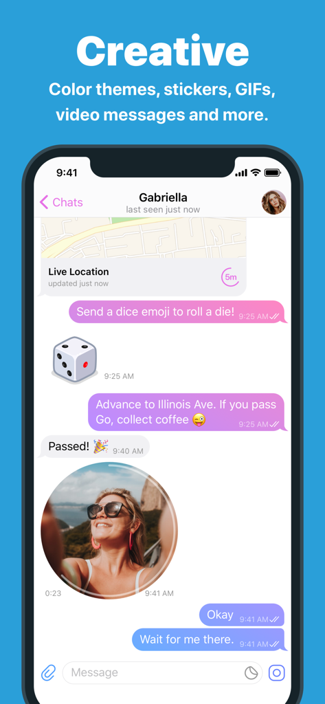 L'interface de chat de Telegram Messenger montrant des fonctionnalités créatives telles que la localisation en direct, les dés animés et les messages vidéo.