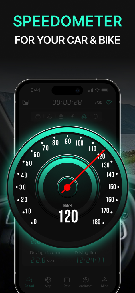 Digital speedometer dashboard for car and bike showing real-time speed and trip distance on a mobile phone