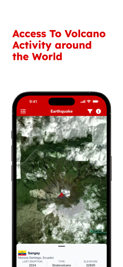 Visualização de mapa de satélite mostrando atividade vulcânica e dados de Sangay no Equador dentro do aplicativo Earthquake Quake Tracker.