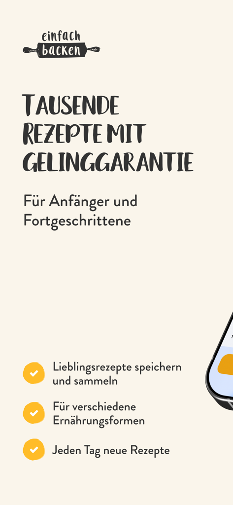 Einfach Backen app screen showing recipe features and guaranteed success message