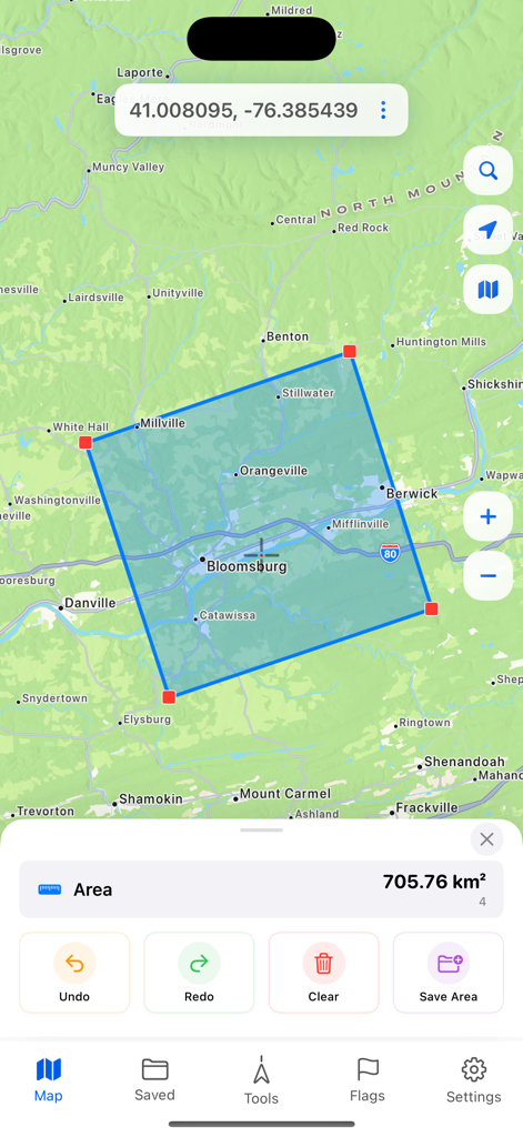 GPS app interface showing area measurement of 705.76 square kilometers on a map