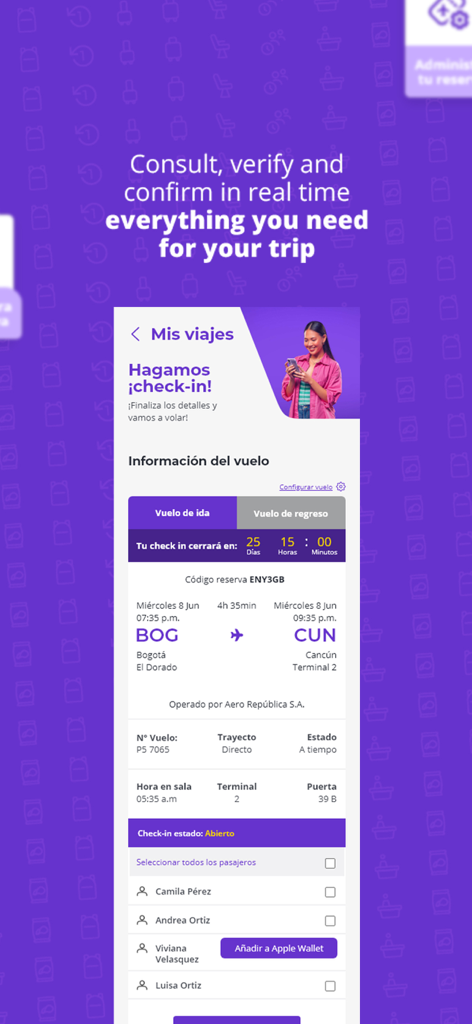 A mobile app screenshot from Wingo showing flight information from Bogota to Cancun with online check-in details