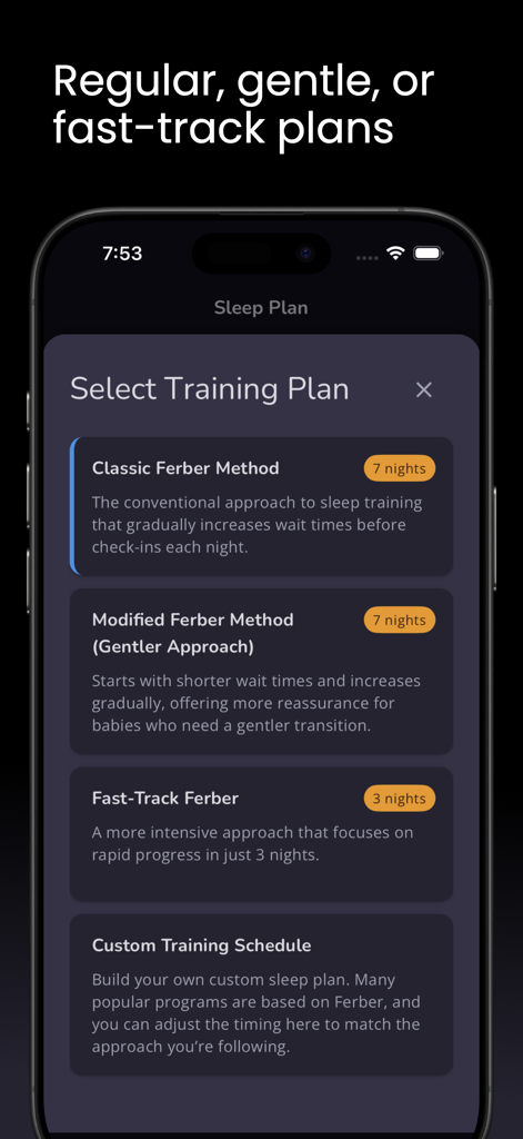 Oona: Baby Sleep Trainer - Interface of the Oona app showing various sleep training plan options including Classic and Modified Ferber methods