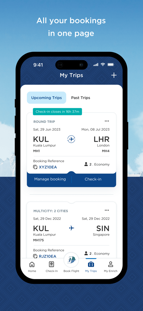 Schermata My Trips dell'app mobile Malaysia Airlines che mostra i prossimi itinerari di volo e i dettagli della prenotazione
