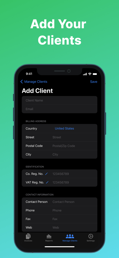 Interface for adding client billing address and contact information in the invoice maker app.