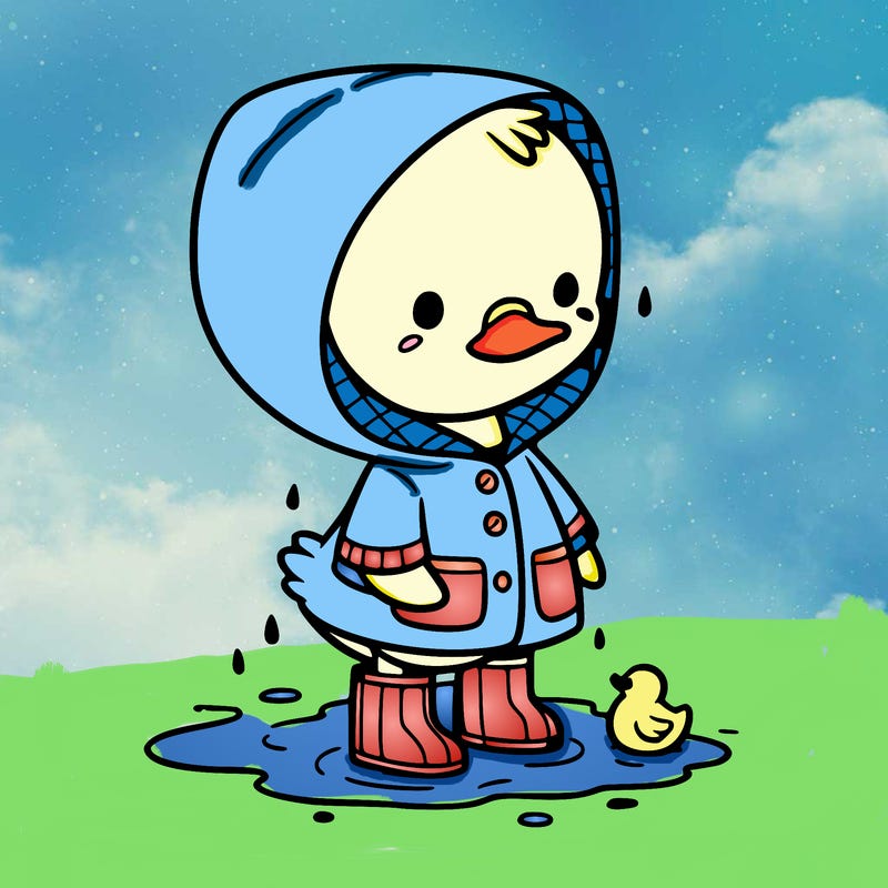 baby duck in a rain coat and boots, in a puddle while it’s raining