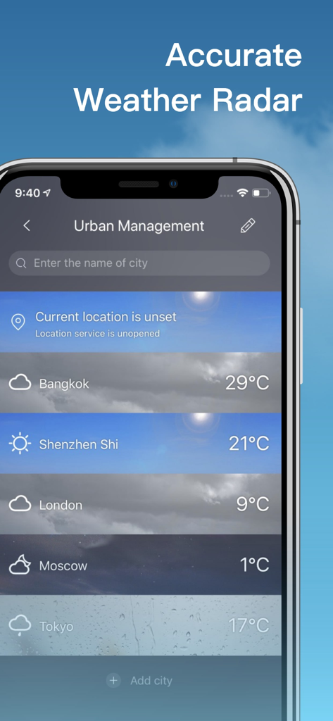 Weather- NOAA Weather Radar - Captura de pantalla de la aplicación NOAA Weather Radar mostrando temperaturas actuales para varias ciudades internacionales