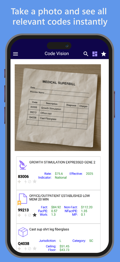 L'application iCoder scanne un superbill médical pour afficher les détails des codes CPT et HCPCS.