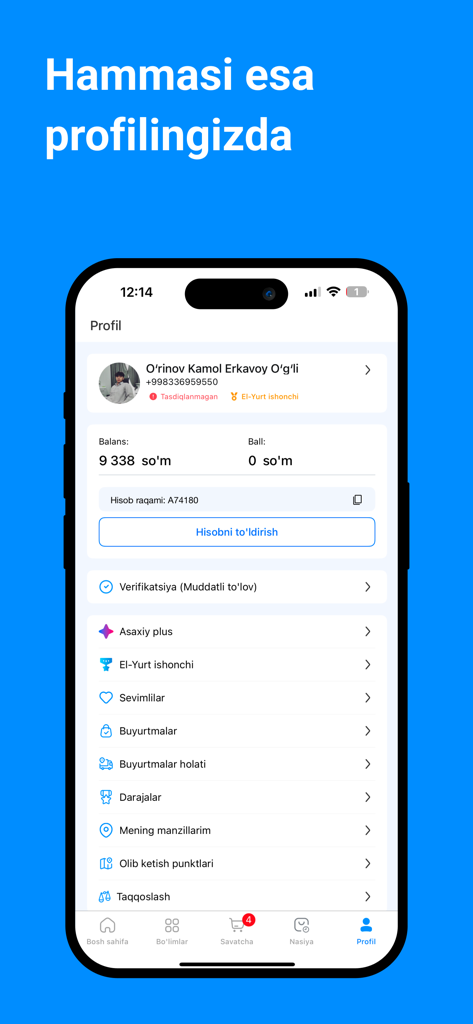 Asaxiy Market - Asaxiy Market mobile app user profile screen showing account balance and menu options.