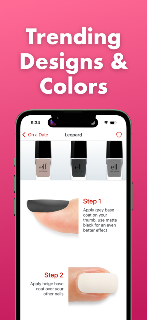 Nail Designs - Manicures & Art - Smartphone screen showing a step-by-step leopard nail art tutorial and required polish colors