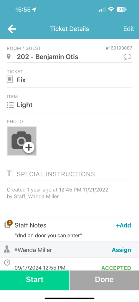 Screenshot of the ALICE Staff app showing ticket details to fix a light in room 202 for guest Benjamin Otis.
