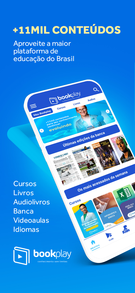 Bookplay - Tela de smartphone exibindo a interface do aplicativo Bookplay com categorias para cursos, livros e jornais digitais em português.