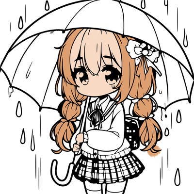 cute anime girl in the rain with an umbrella