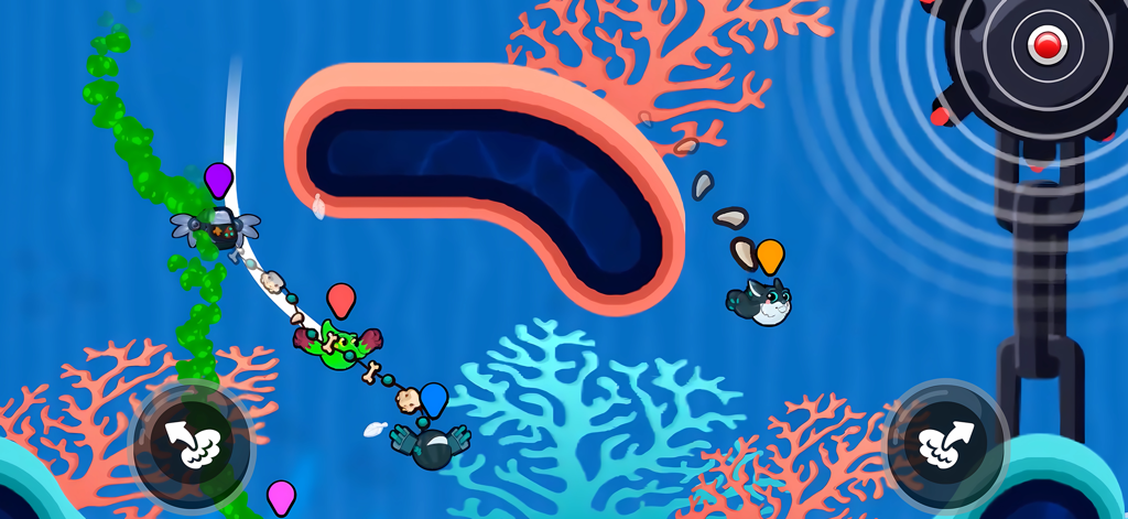 Multiplayer gameplay of Super Flappy Golf in a vibrant underwater level featuring several custom birdie characters racing through coral.