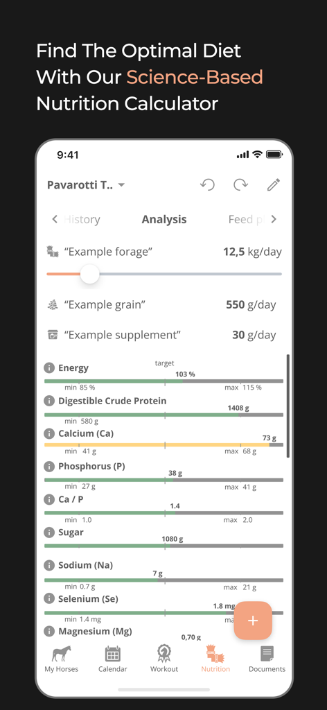 HÆSTR: Horse Care App - Interface of a science-based horse nutrition calculator showing detailed diet and mineral analysis