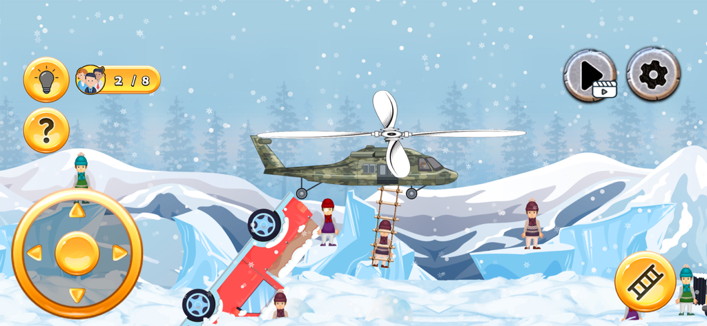 Aid Heli Ambulance Simulator - A 2D gameplay screen of a camouflage helicopter rescuing survivors from a car crash in a snowy mountain setting