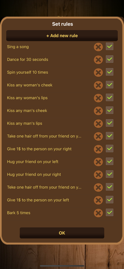 Set rules screen showing various party dares and tasks in the Spin the Bottle app