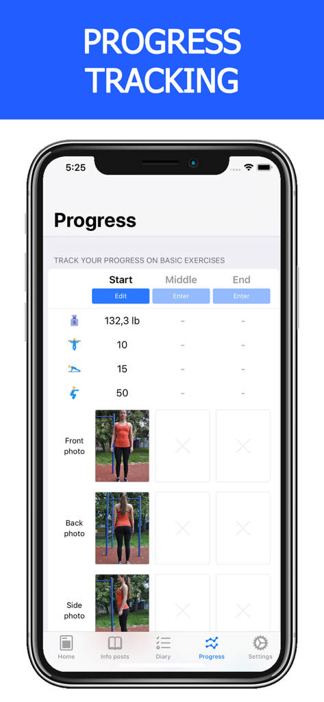 SOTKA app progress tracking interface showing workout stats and progress photos.