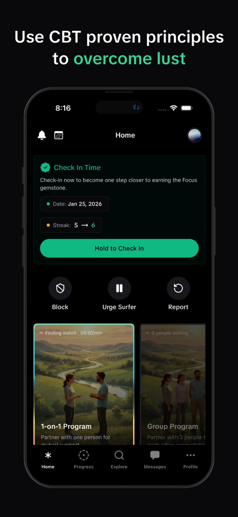 Unload: Overcome Lust with CBT - Panel de la aplicación Unload con un botón de registro diario, un contador de racha de hábitos y herramientas basadas en TCC para superar los impulsos.